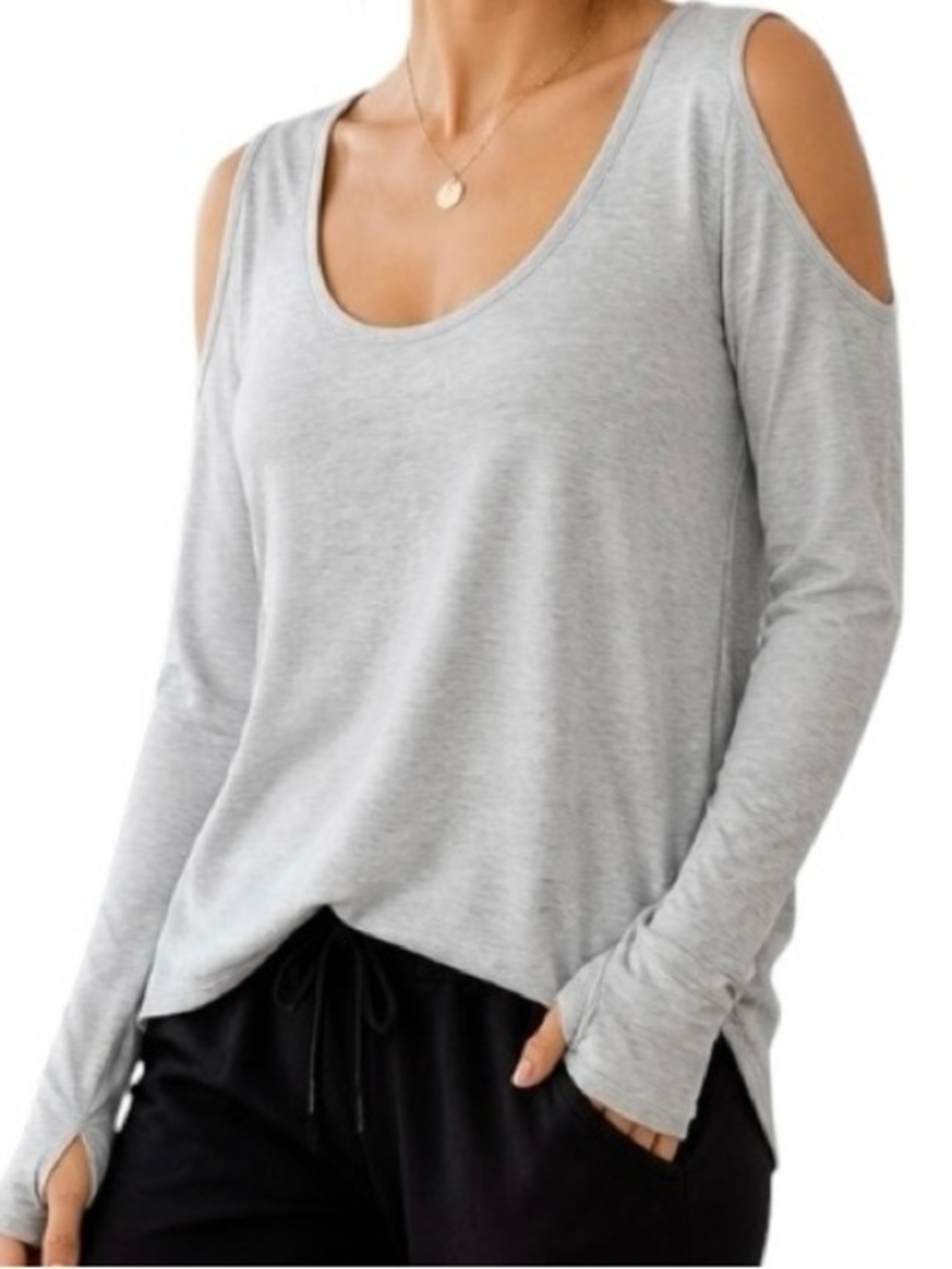 C&C California Gray Cold Shoulder Thumb Hole French Terry Top L